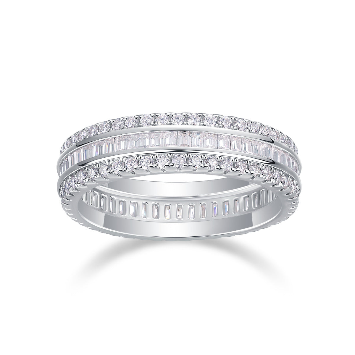 VVS1 Moissanite Three-Row Diamond Ring Set in 925 Sterling Silver