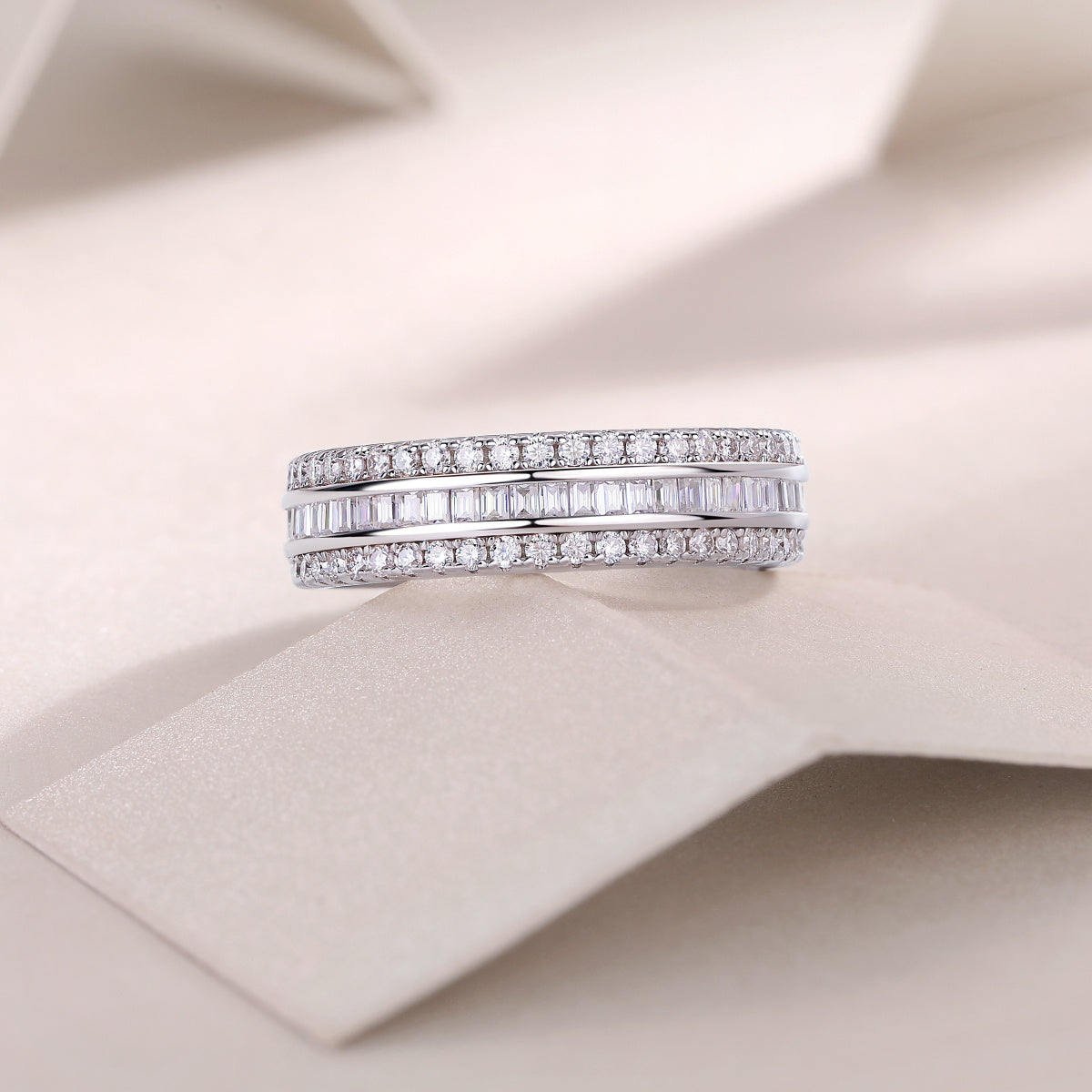 VVS1 Moissanite Three-Row Diamond Ring Set in 925 Sterling Silver