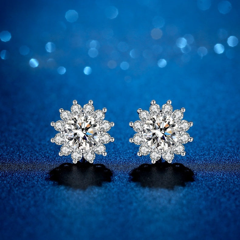 Sunflower Moissanite Silver Stud Earrings