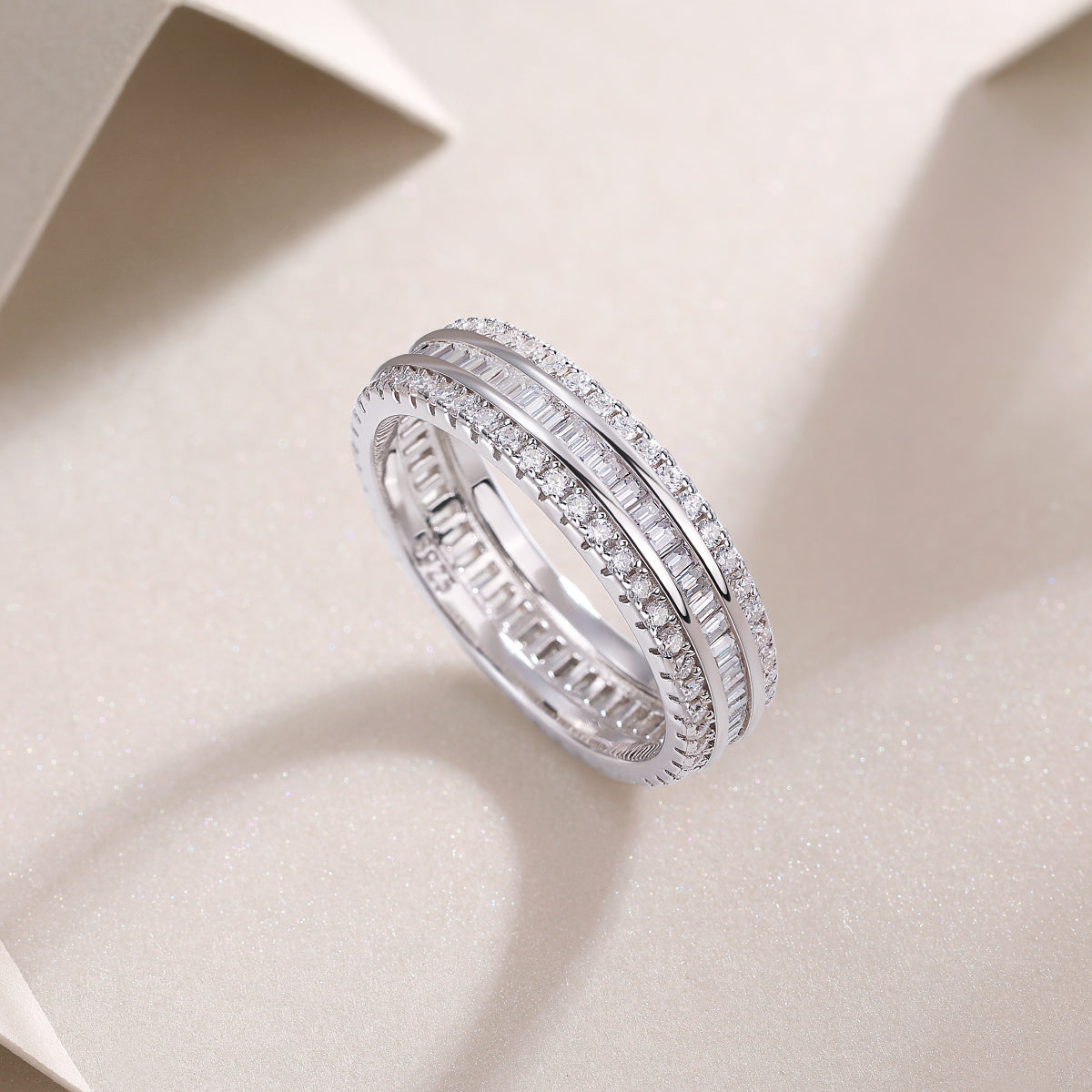 VVS1 Moissanite Three-Row Diamond Ring Set in 925 Sterling Silver