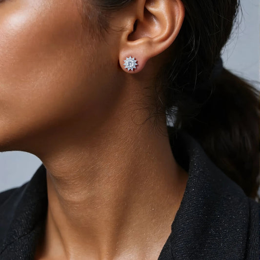 Sunflower Moissanite Silver Stud Earrings