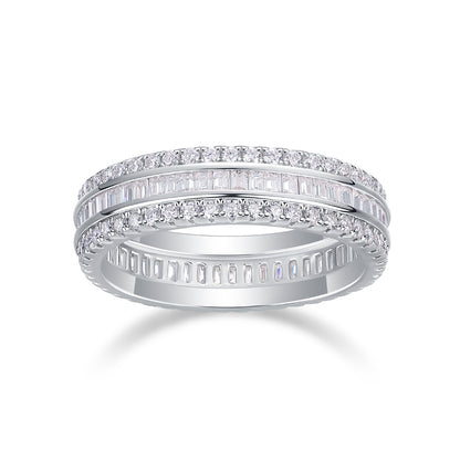 VVS1 Moissanite Three-Row Diamond Ring Set in 925 Sterling Silver