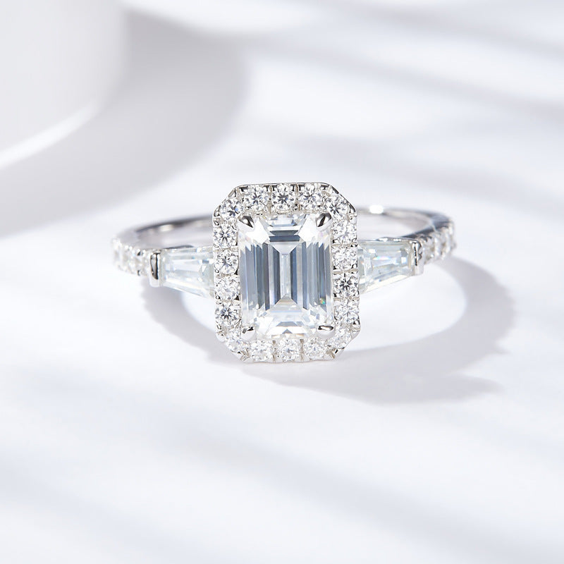 925 Sterling Silver VVS1 Emerald Cut Moissanite Ring